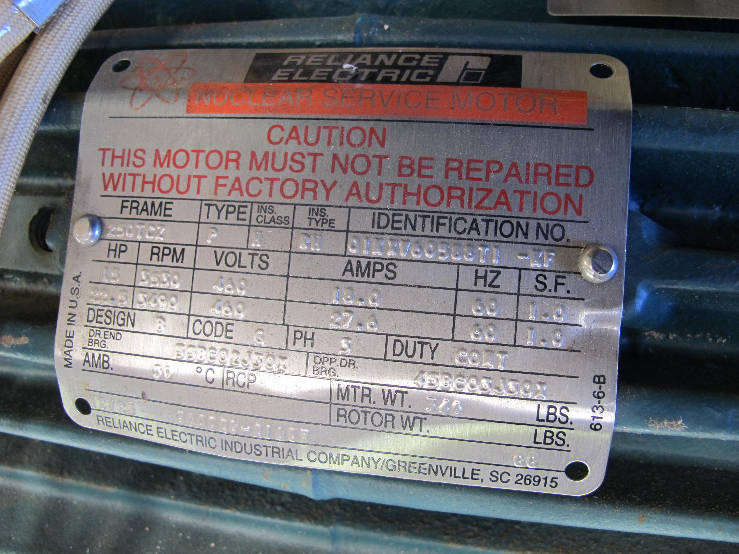 MOTOR, ELECTRIC TYPE, 15 HORSEPOWER, 460VAC 3 PHASE ELEC RATING, 1200 RPM, 284TCZ FRAME, 21.0 AMPS, TEAO ENCLOSURE, 1.0 SERVICE FACTOR. PART # 18YF881423 (W-44) LOADING & HANDLING FEE $15-
